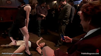 Little brunette slut Vai is bound by dom Princess Donna Dolore in crowded public bar and gets mouth group fucked and pussy fisted from strangers